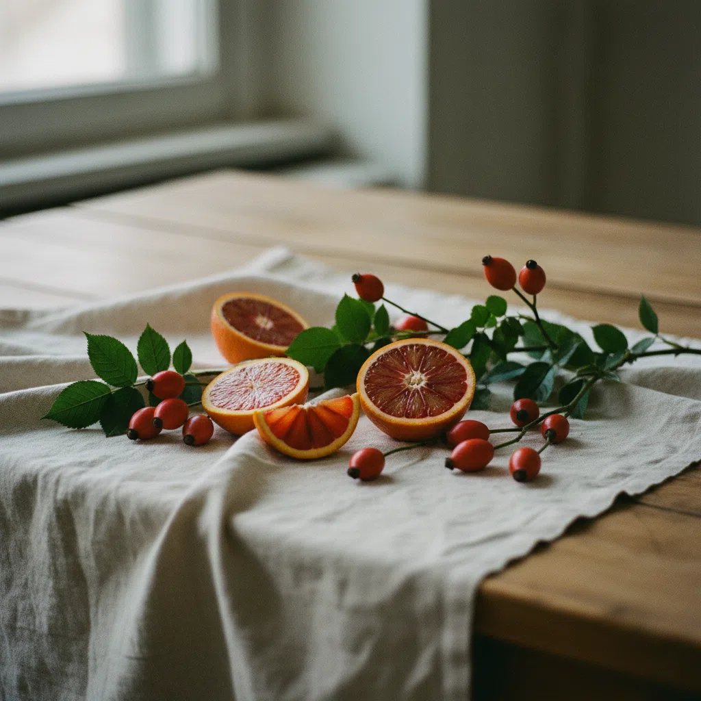 Fresh rosehips and orange citrus fruit arranged on a light cream linen surface
