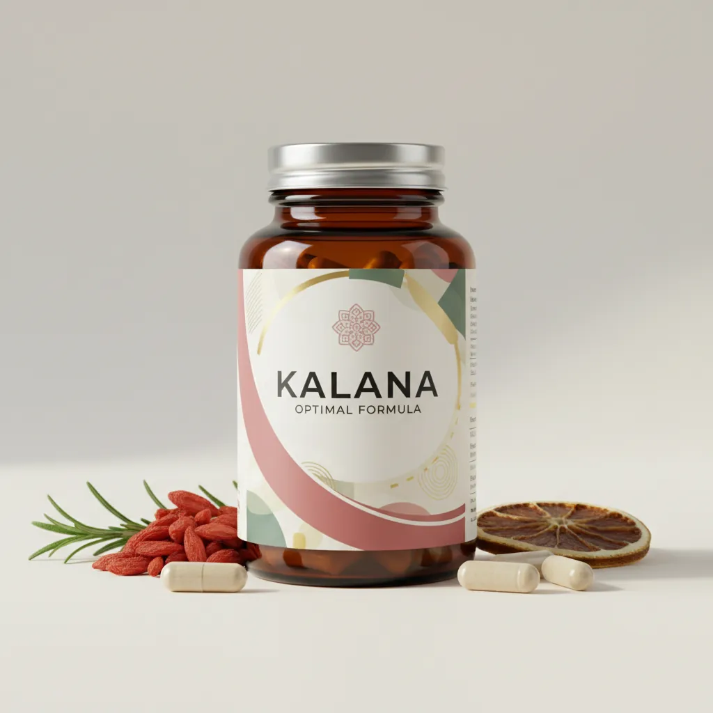 Kalana Optimal Formula amber glass supplement jar with label, surrounded by fresh citrus and green leaves